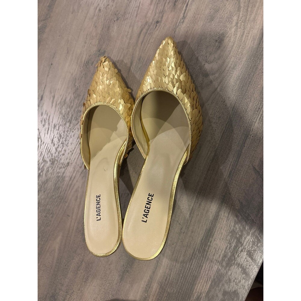 L’AGENCE Gold Sequin Pointed Toe Mule Heels